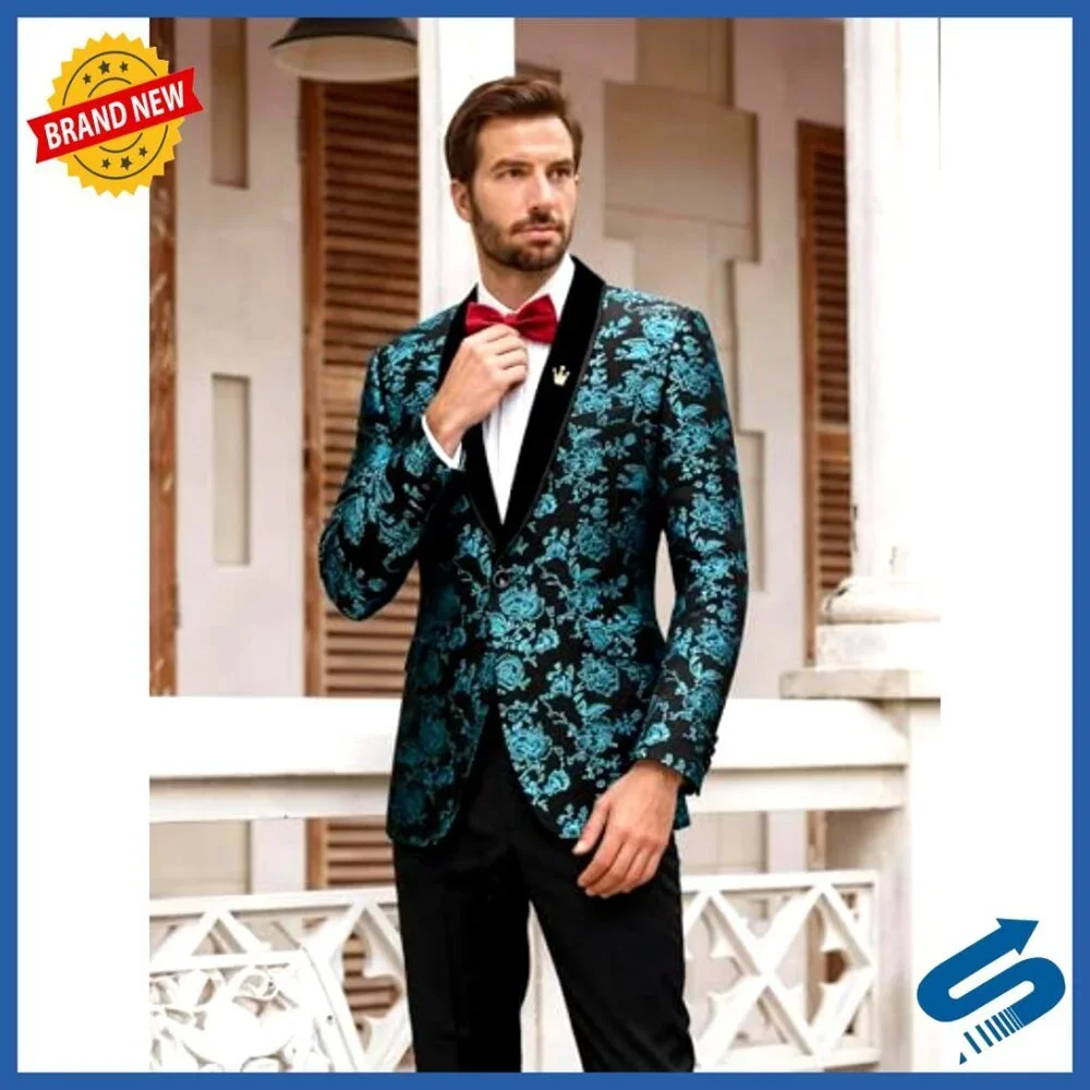 Men's Velvet Floral Blazer Shawl Lapel Tuxedo Jacket Formal Wear